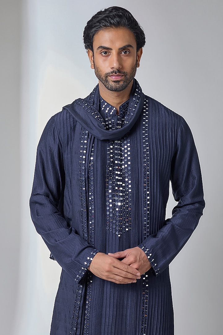 Navy Blue Bemberg Linen Silk Kurta Set by Ankit V Kapoor at Pernia's Pop Up Shop