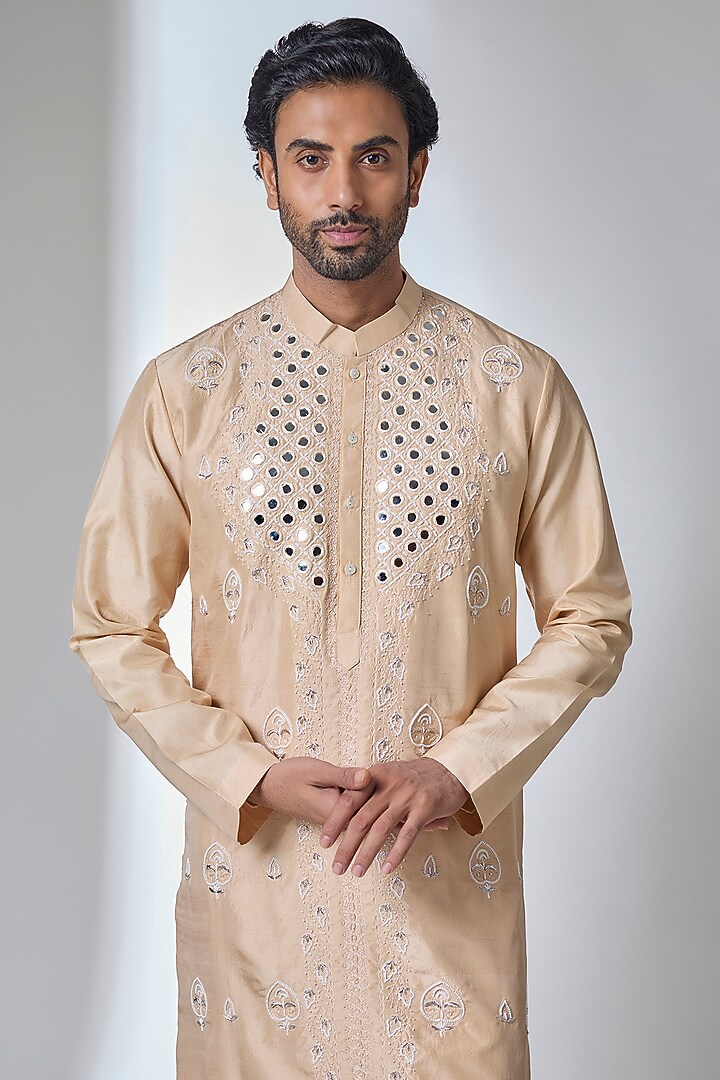 Beige Bemberg Linen Silk Kurta Set by Ankit V Kapoor at Pernia's Pop Up Shop