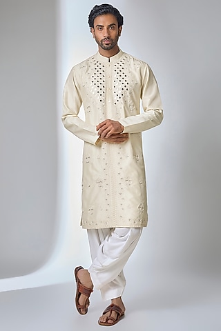Ivory Bemberg Linen Silk Kurta Set by Ankit V Kapoor