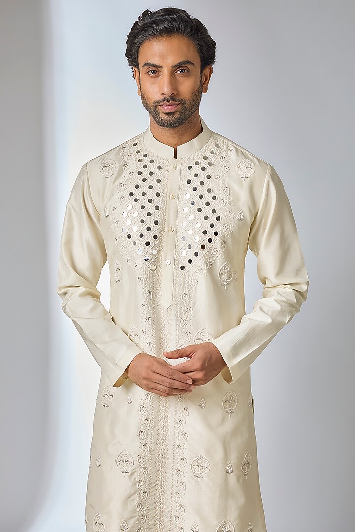 Ivory Bemberg Linen Silk Kurta Set by Ankit V Kapoor at Pernia's Pop Up Shop