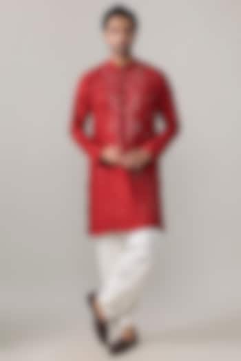 Red Bamberg Linen Silk Embroidered Kurta Set by Ankit V Kapoor at Pernia's Pop Up Shop