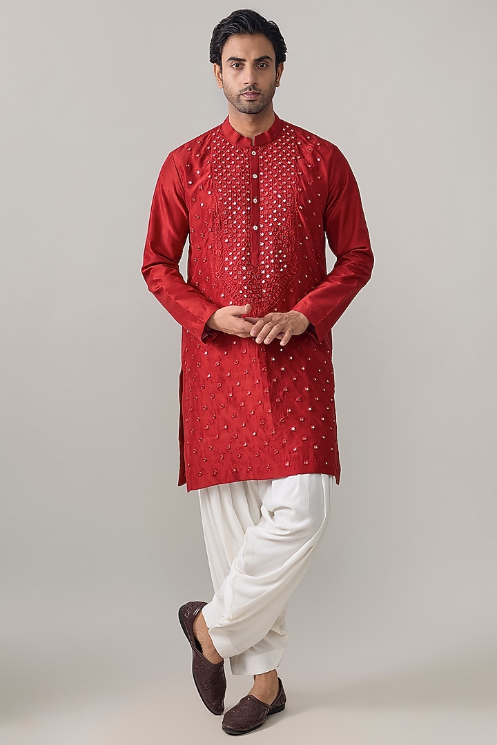 Red Bamberg Linen Silk Embroidered Kurta Set by Ankit V Kapoor at Pernia's Pop Up Shop