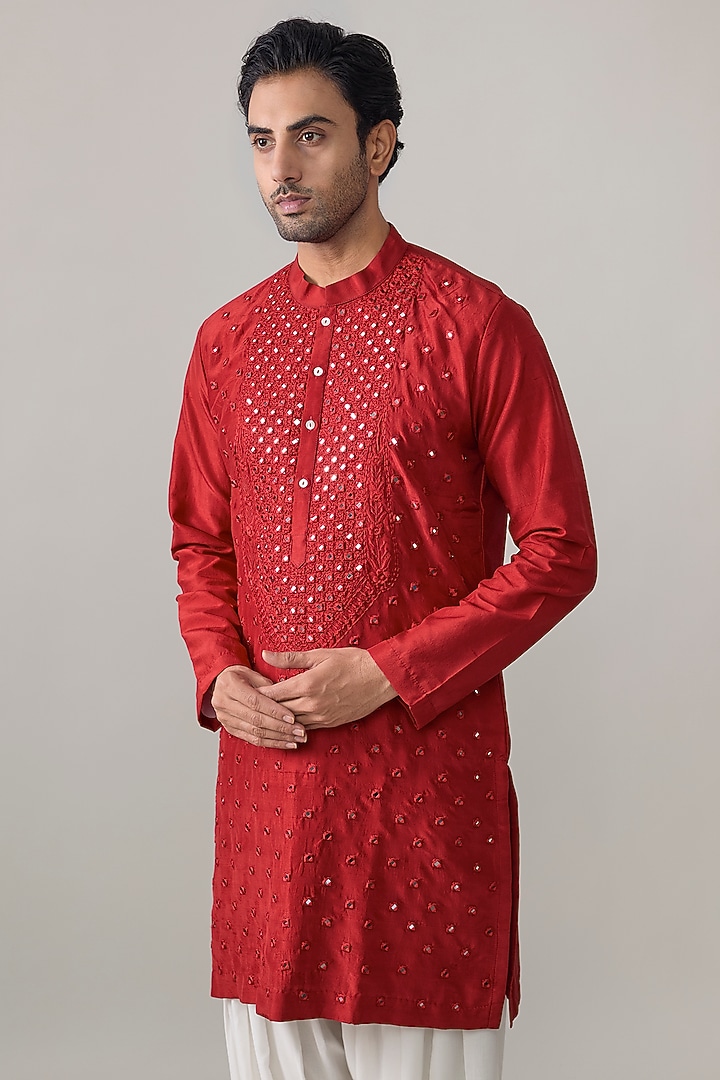 Red Bamberg Linen Silk Embroidered Kurta Set by Ankit V Kapoor at Pernia's Pop Up Shop