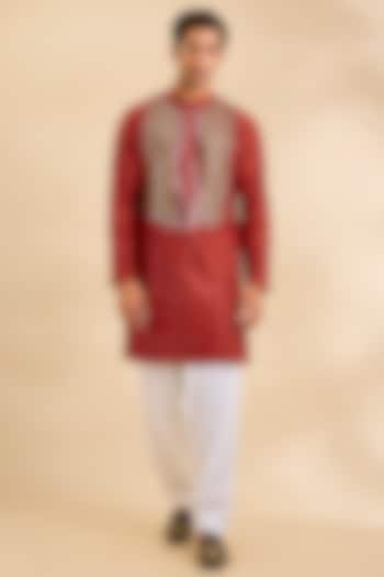 Red Raw Silk & Bemberg Linen Silk Kurta Set by Ankit V Kapoor at Pernia's Pop Up Shop