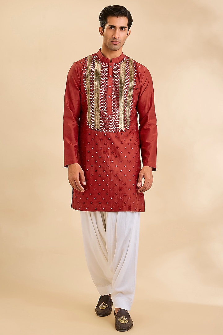 Red Raw Silk & Bemberg Linen Silk Kurta Set by Ankit V Kapoor at Pernia's Pop Up Shop