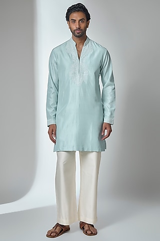 Powder Blue Bemberg Linen Silk Kurta Set by Ankit V Kapoor