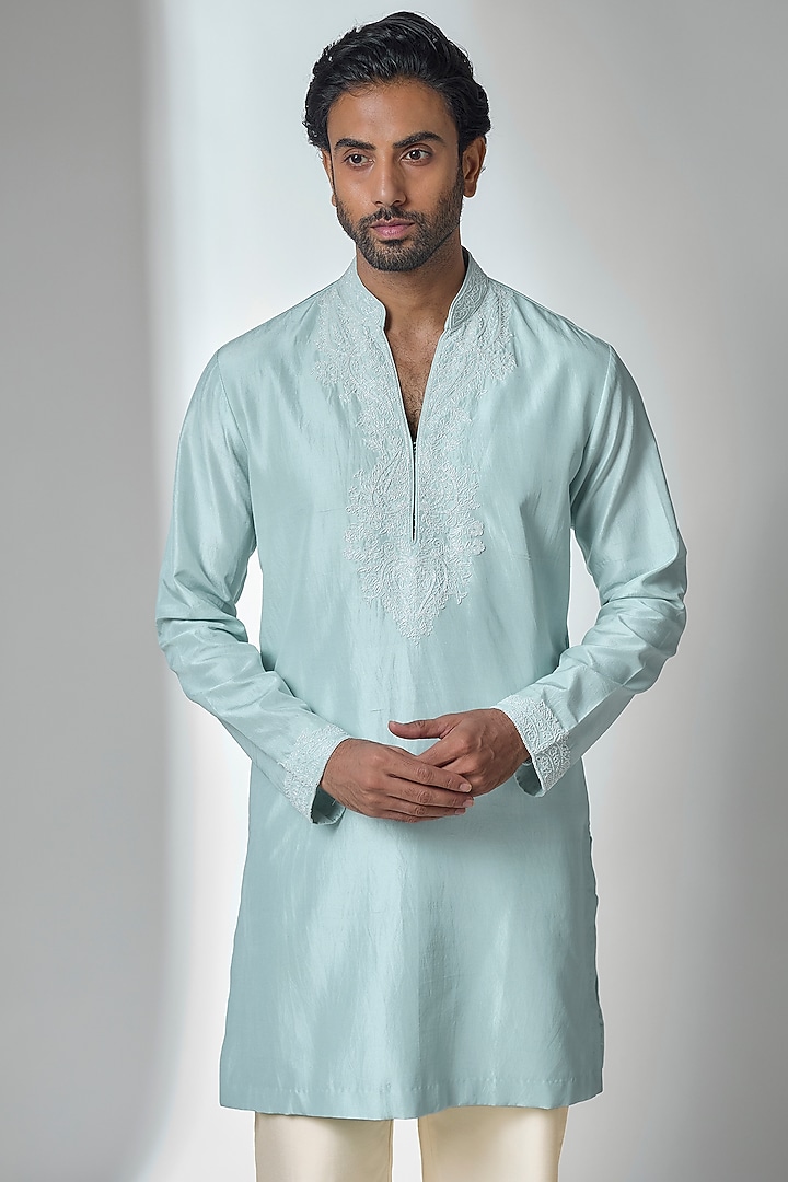 Powder Blue Bemberg Linen Silk Kurta Set by Ankit V Kapoor at Pernia's Pop Up Shop