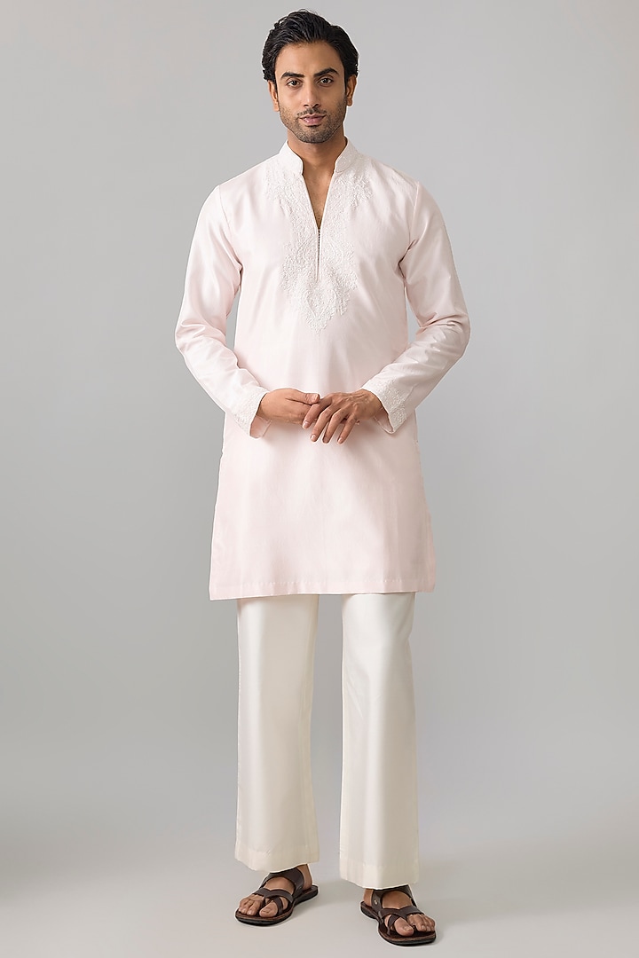 Powder Pink Bamberg Linen Silk Kurta Set by Ankit V Kapoor at Pernia's Pop Up Shop