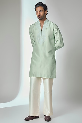 Mint Green Bemberg Linen Silk Kurta Set by Ankit V Kapoor