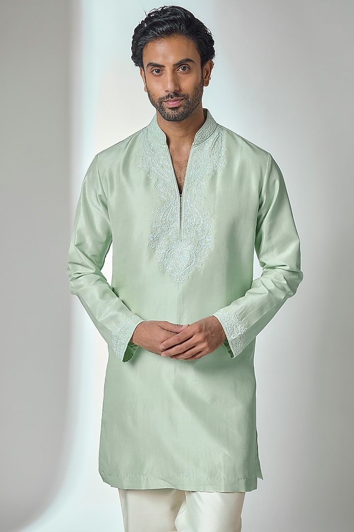 Mint Green Bemberg Linen Silk Kurta Set by Ankit V Kapoor at Pernia's Pop Up Shop