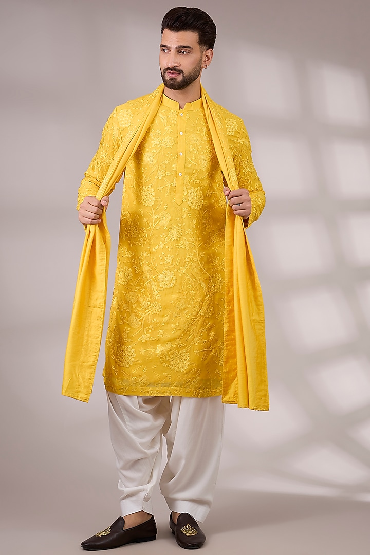 Yellow Bemberg Cotton Silk Kurta Set by Ankit V Kapoor at Pernia's Pop Up Shop