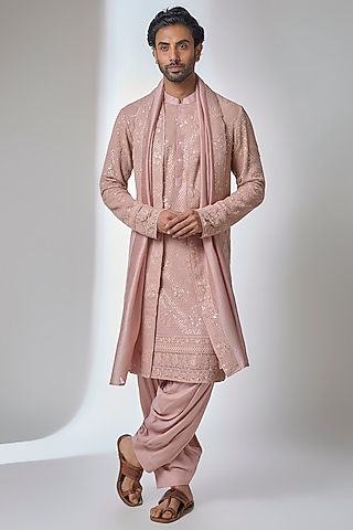 Carnation Pink Bemberg Cotton Silk Kurta Set by Ankit V Kapoor
