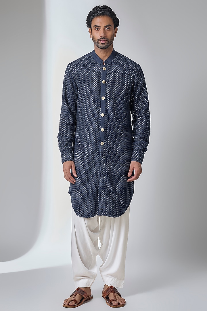 Navy Blue Bemberg Cotton Silk & Georgette Kurta Set by Ankit V Kapoor at Pernia's Pop Up Shop