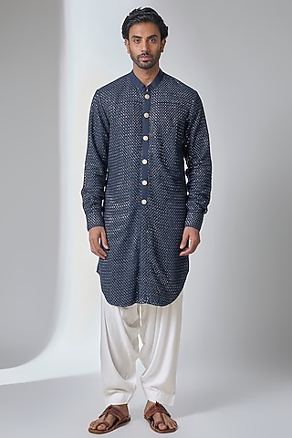 Navy Blue Bemberg Cotton Silk & Georgette Kurta Set by Ankit V Kapoor