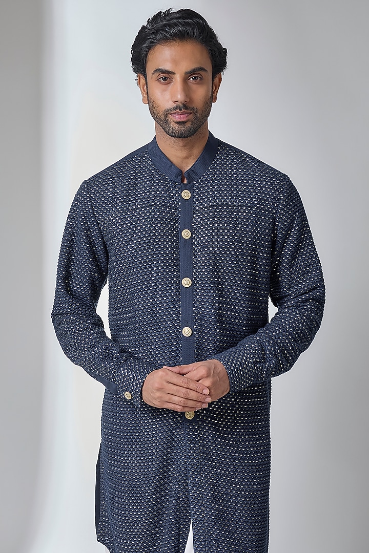 Navy Blue Bemberg Cotton Silk & Georgette Kurta Set by Ankit V Kapoor at Pernia's Pop Up Shop