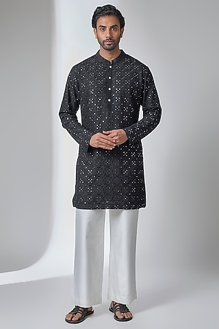 Black Bamberg Cotton Silk Kurta Set by Ankit V Kapoor