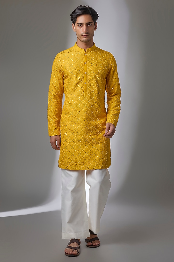 Yellow Viscose Cotton Silk Embroidered Kurta Set by Ankit V Kapoor at Pernia's Pop Up Shop