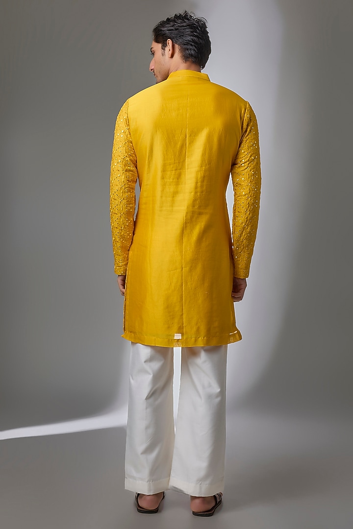 Yellow Viscose Cotton Silk Embroidered Kurta Set by Ankit V Kapoor at Pernia's Pop Up Shop