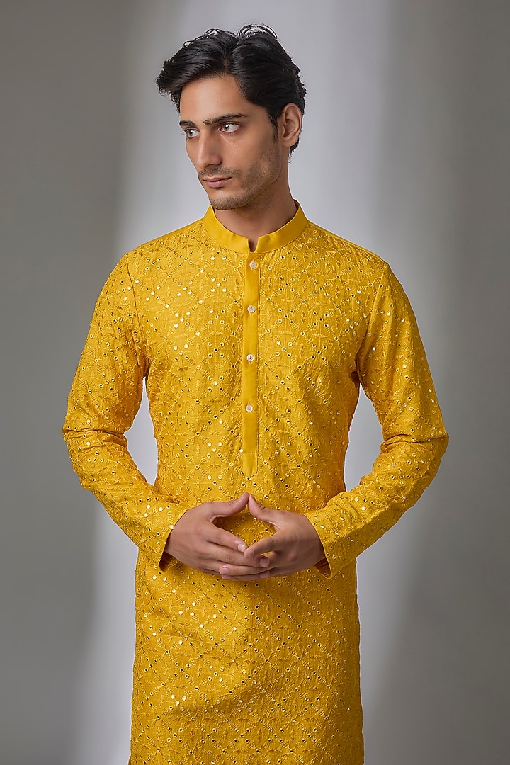 Yellow Viscose Cotton Silk Embroidered Kurta Set by Ankit V Kapoor at Pernia's Pop Up Shop