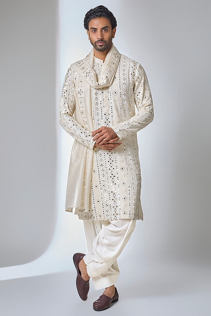 Ivory Bemberg Cotton Silk & Georgette Kurta Set by Ankit V Kapoor at Pernia's Pop Up Shop
