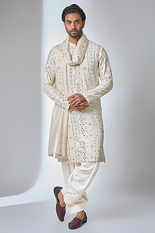 Ivory Bemberg Cotton Silk & Georgette Kurta Set by Ankit V Kapoor
