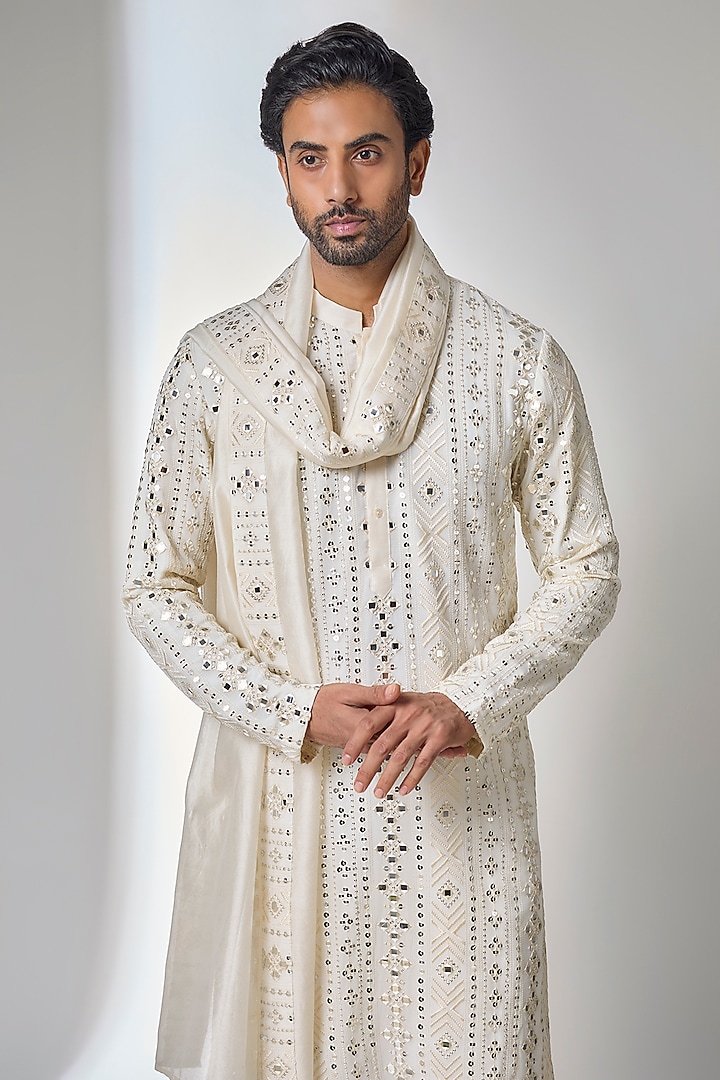 Ivory Bemberg Cotton Silk & Georgette Kurta Set by Ankit V Kapoor at Pernia's Pop Up Shop