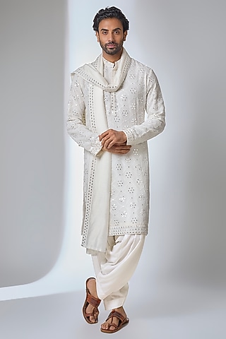 Ivory Bemberg Cotton Silk Kurta Set by Ankit V Kapoor