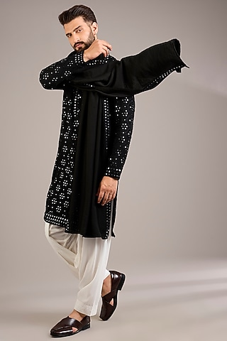 Black Bemberg Cotton Silk & Georgette Kurta Set by Ankit V Kapoor