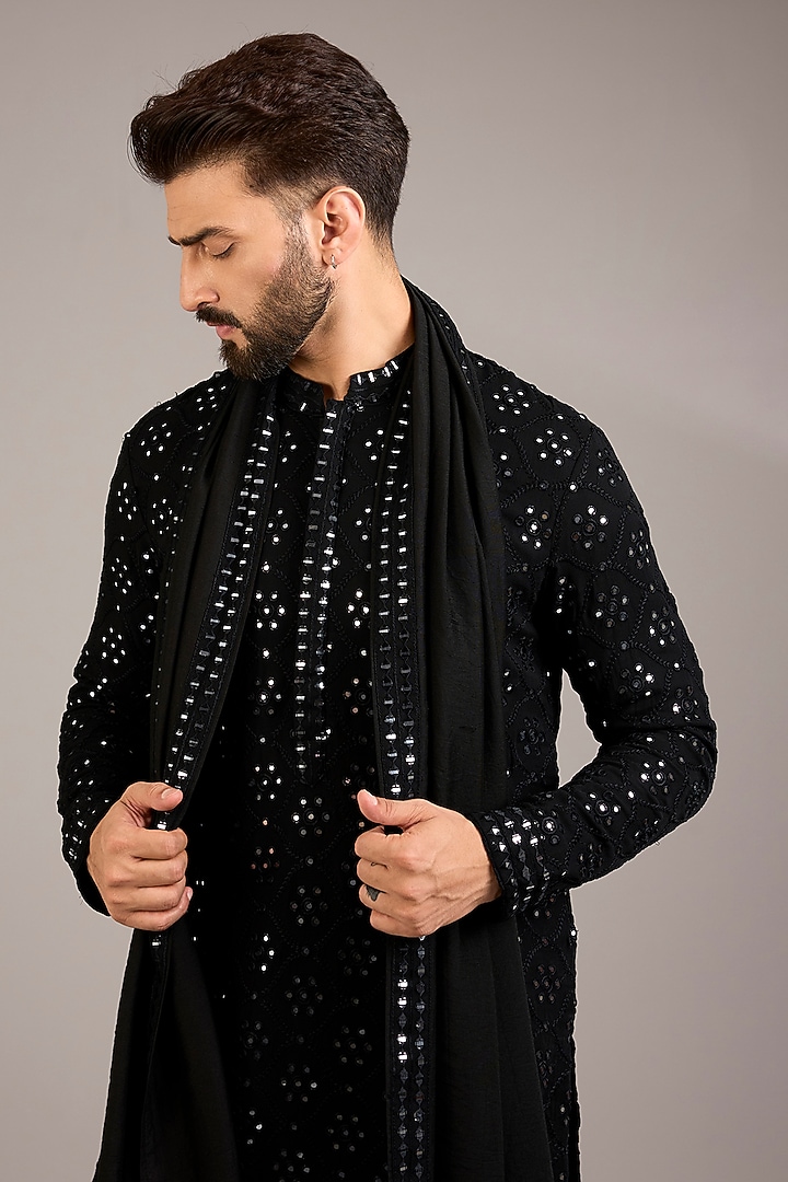 Black Bemberg Cotton Silk & Georgette Kurta Set by Ankit V Kapoor at Pernia's Pop Up Shop