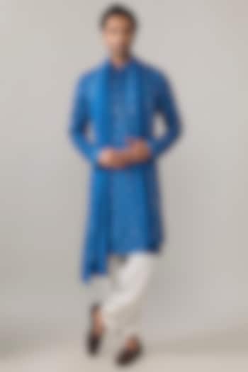Electric Blue Bamberg Cotton Silk Embroidered Kurta Set by Ankit V Kapoor at Pernia's Pop Up Shop