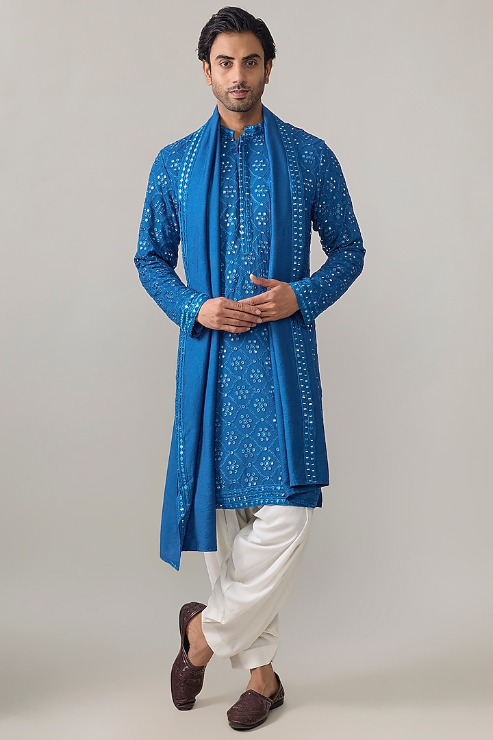 Electric Blue Bamberg Cotton Silk Embroidered Kurta Set by Ankit V Kapoor at Pernia's Pop Up Shop