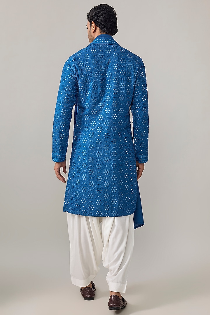 Electric Blue Bamberg Cotton Silk Embroidered Kurta Set by Ankit V Kapoor at Pernia's Pop Up Shop
