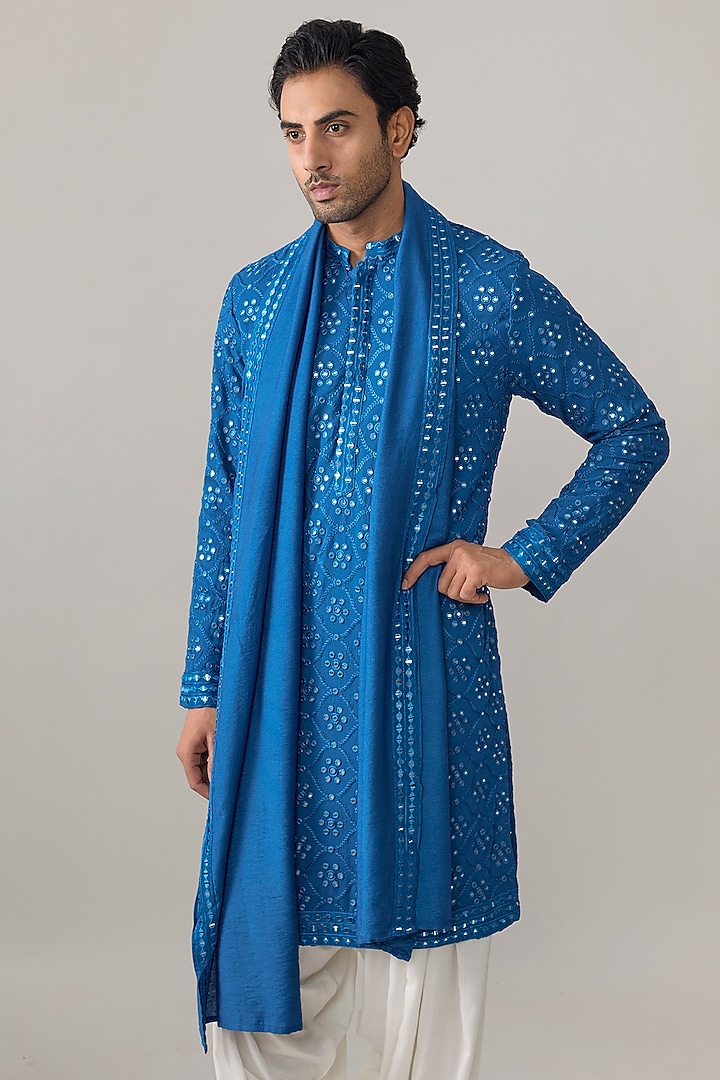 Electric Blue Bamberg Cotton Silk Embroidered Kurta Set by Ankit V Kapoor at Pernia's Pop Up Shop