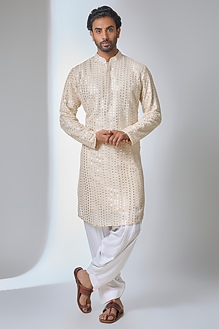 Champagne bemberg Cotton Silk & Georgette Kurta Set by Ankit V Kapoor