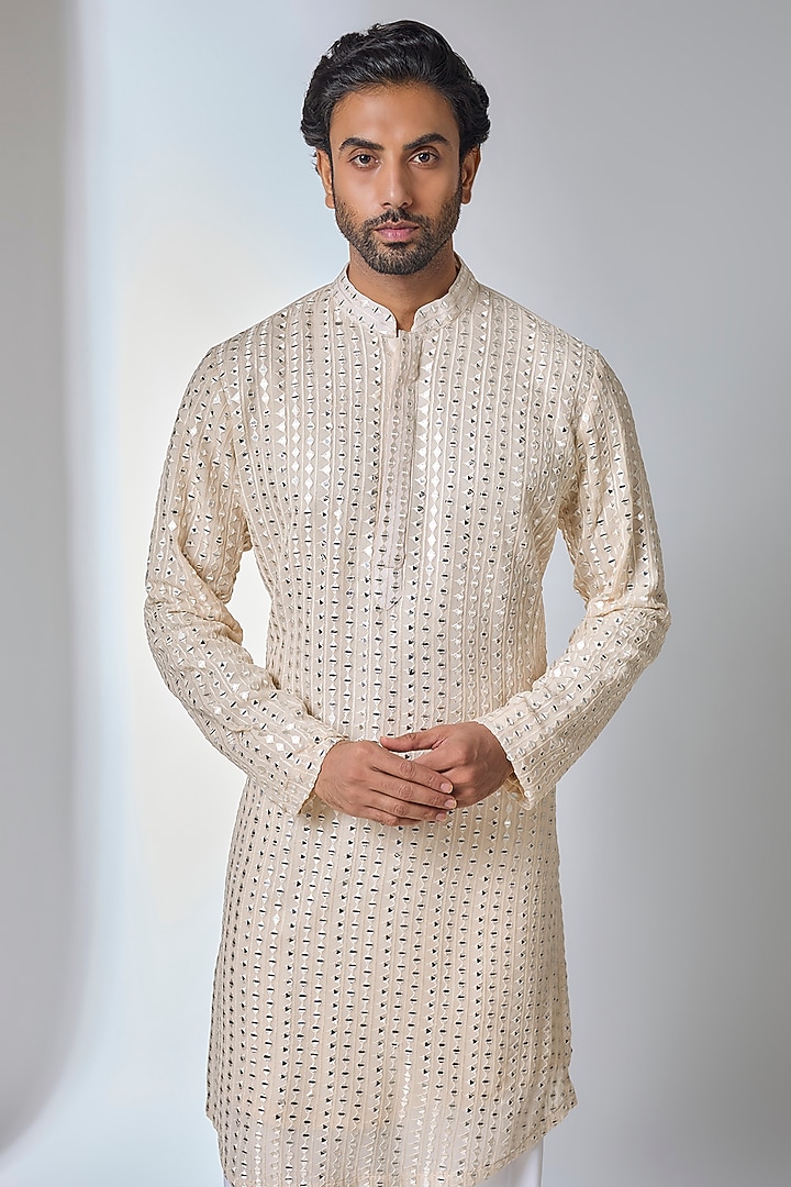 Champagne bemberg Cotton Silk & Georgette Kurta Set by Ankit V Kapoor at Pernia's Pop Up Shop