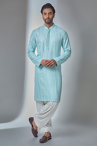 Powder Blue Cotton Silk & Georgette Kurta Set by Ankit V Kapoor