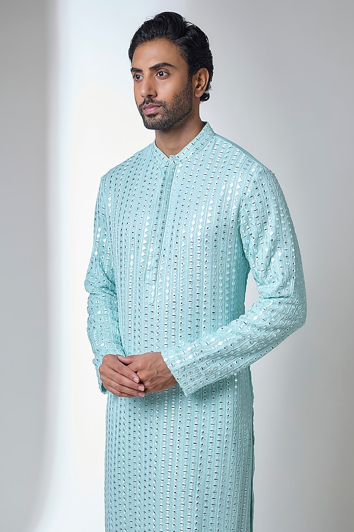 Powder Blue Cotton Silk & Georgette Kurta Set by Ankit V Kapoor at Pernia's Pop Up Shop