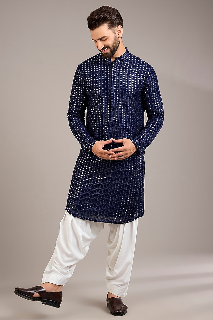 Navy Blue Bemberg Cotton Silk & Georgette Kurta Set by Ankit V Kapoor at Pernia's Pop Up Shop