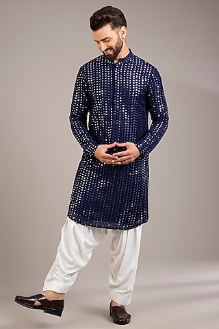 Navy Blue Bemberg Cotton Silk & Georgette Kurta Set by Ankit V Kapoor