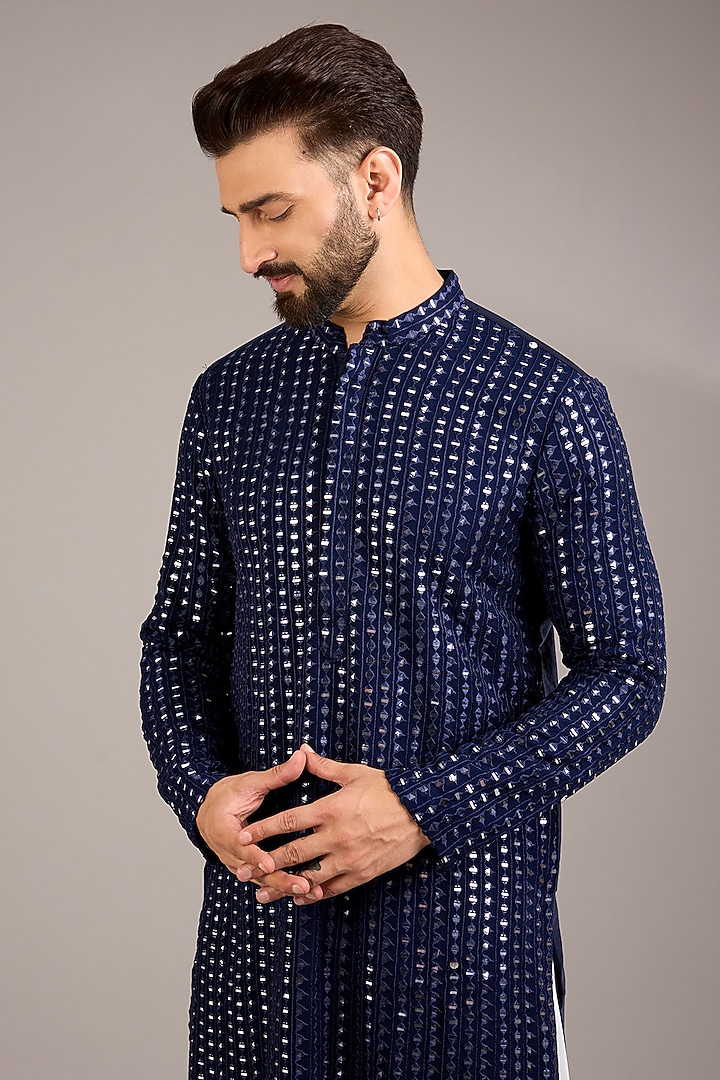 Navy Blue Bemberg Cotton Silk & Georgette Kurta Set by Ankit V Kapoor at Pernia's Pop Up Shop
