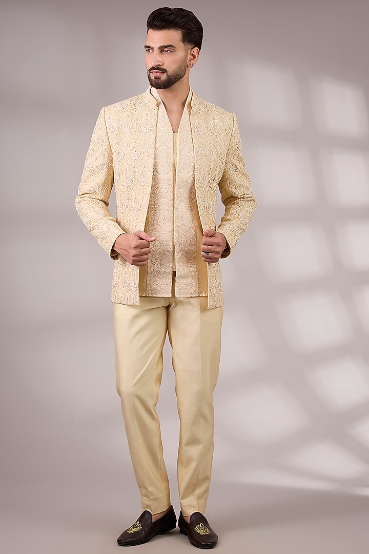 Golden Bemberg Cotton Silk Groom Indowestern Set by Ankit V Kapoor at Pernia's Pop Up Shop