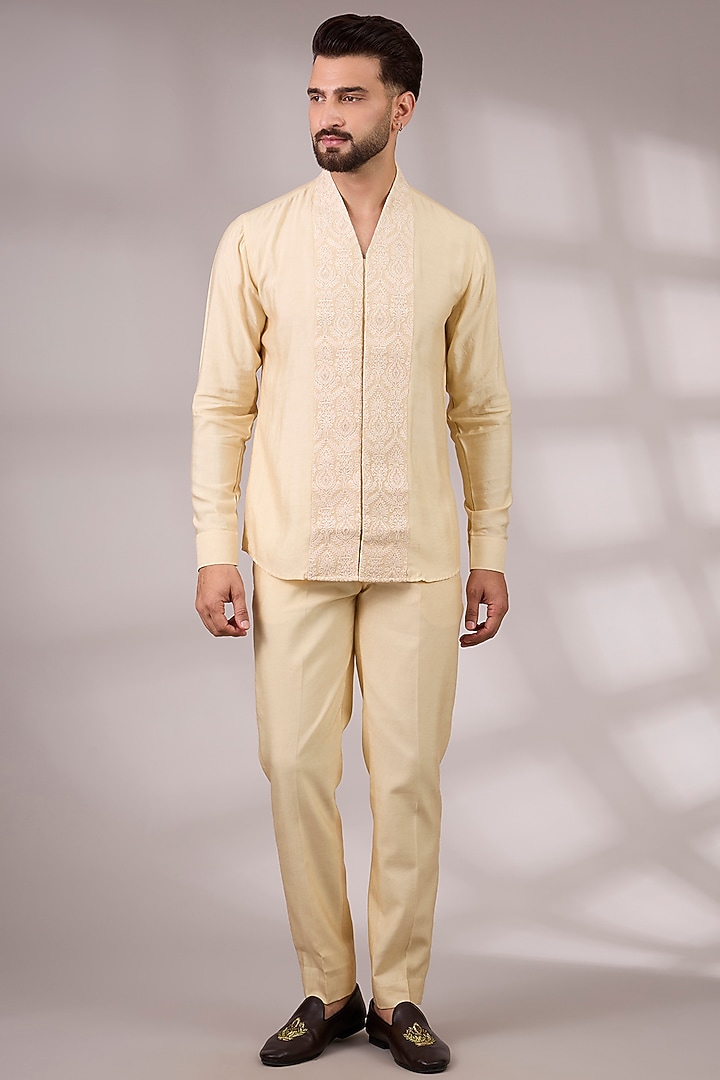 Golden Bemberg Cotton Silk Groom Indowestern Set by Ankit V Kapoor at Pernia's Pop Up Shop