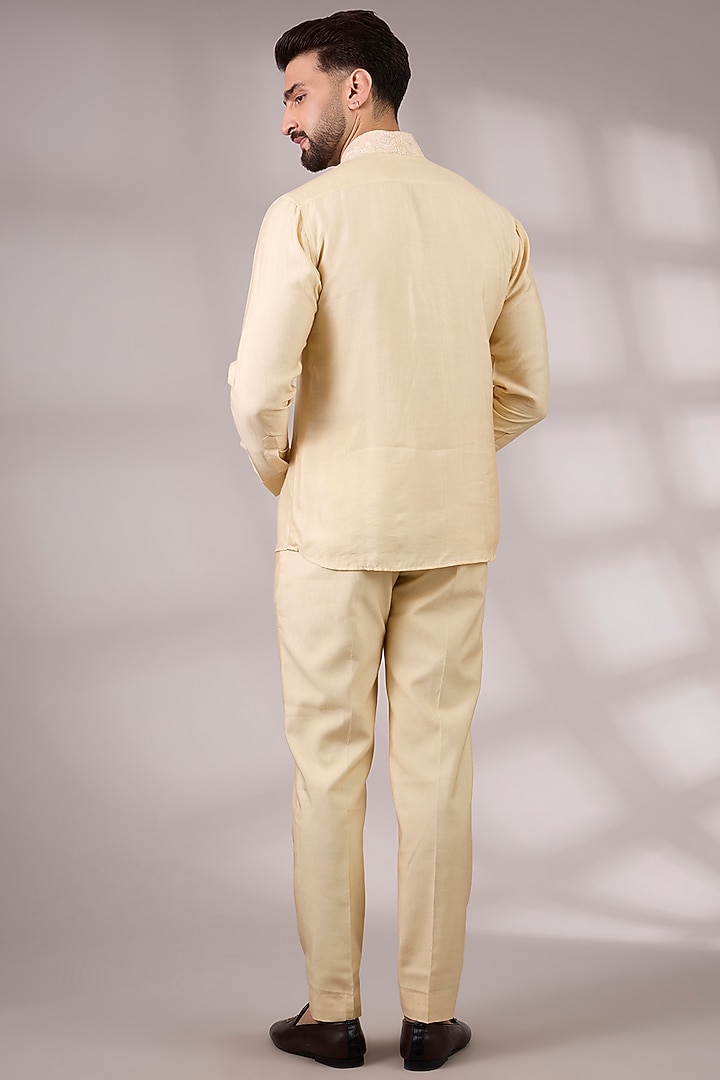 Golden Bemberg Cotton Silk Groom Indowestern Set by Ankit V Kapoor at Pernia's Pop Up Shop