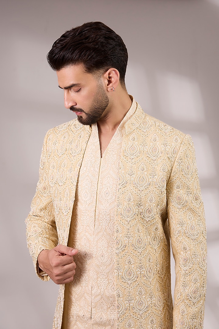 Golden Bemberg Cotton Silk Groom Indowestern Set by Ankit V Kapoor at Pernia's Pop Up Shop