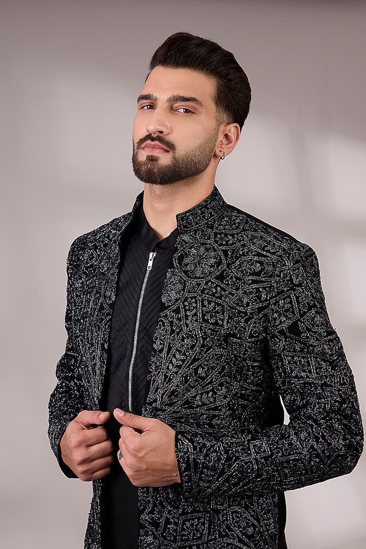 Black Japanese Suiting Groom Indowestern Set by Ankit V Kapoor at Pernia's Pop Up Shop