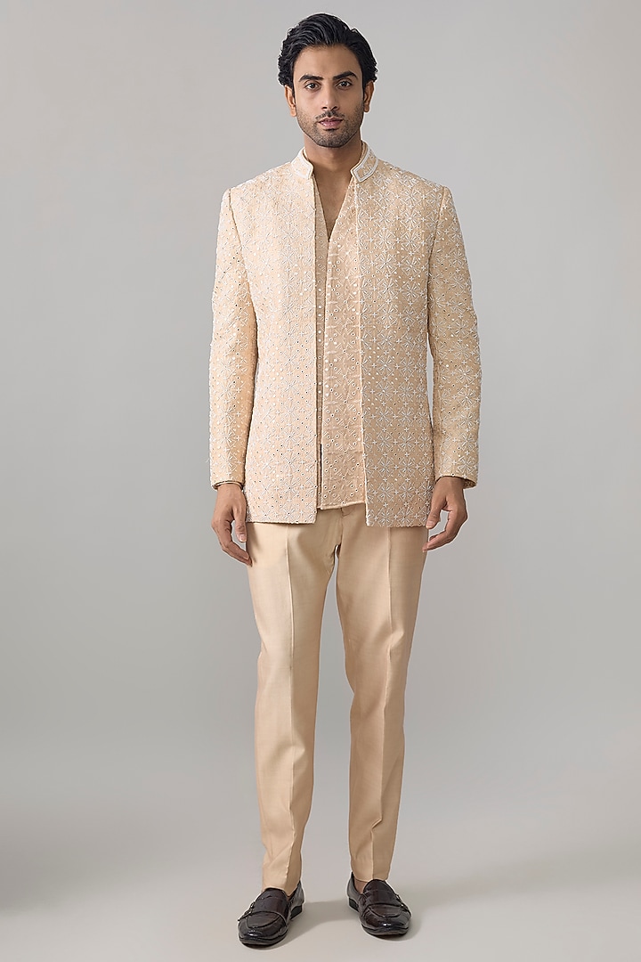 Champagne Cotton Silk Embroidered Groom Indowestern Set by Ankit V Kapoor at Pernia's Pop Up Shop