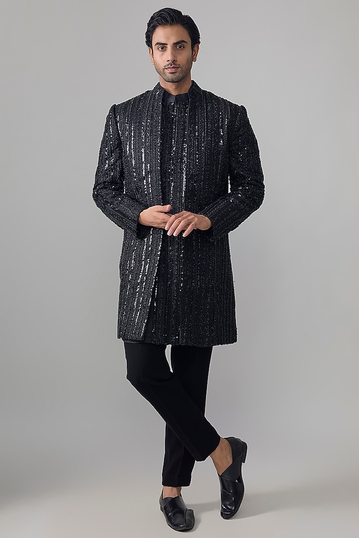 Black Japanese Suiting Embroidered Groom Indowestern Set by Ankit V Kapoor at Pernia's Pop Up Shop