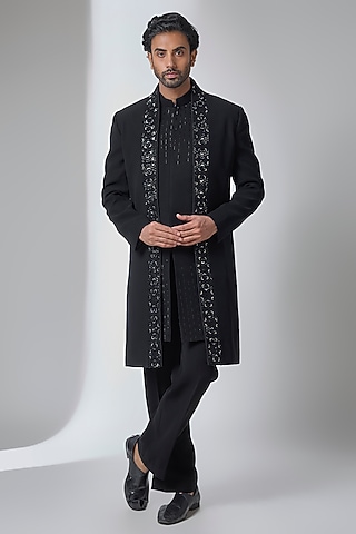 Black Japanese Suiting Indowestern Set by Ankit V Kapoor