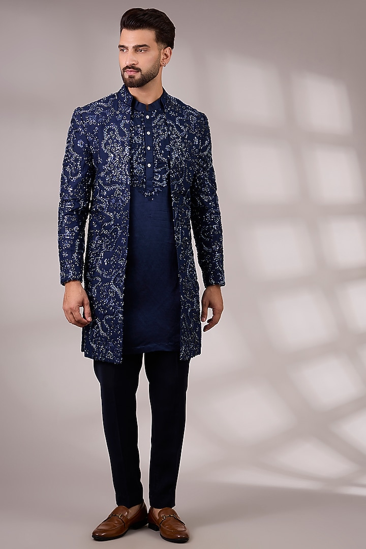 Navy Blue Japanese Suiting Groom Indowestern Set by Ankit V Kapoor at Pernia's Pop Up Shop
