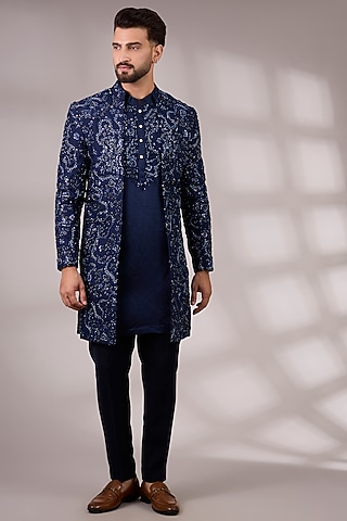 Navy Blue Japanese Suiting Indowestern Set by Ankit V Kapoor